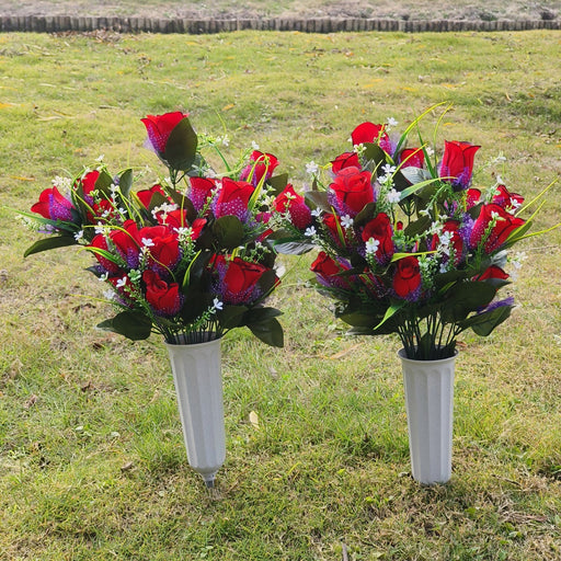 2 Pcs Artificial Flower Bouquets with Vase for Grave Memorial, Silk Flowers