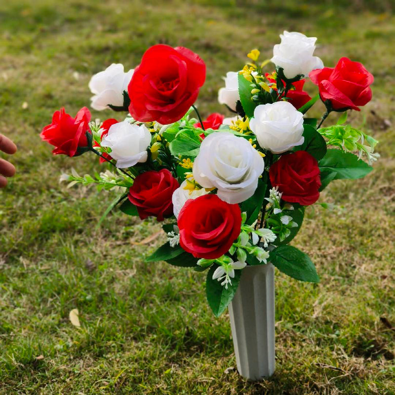 Artificial Flowers Bouquet 12 Inch 10 Pcs Bulk Memorial Graveyard Cemetery Vase Included