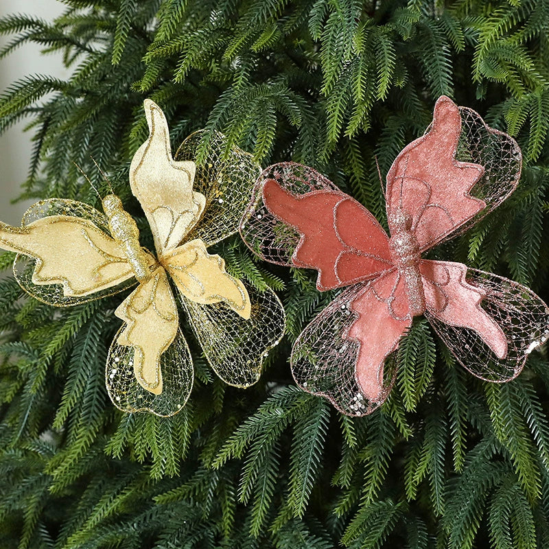 Set of 3 Life-Sized Velvet Christmas Butterflies on 9.9" Picks – Ornaments for Tree, Wreath, Gift Wrap