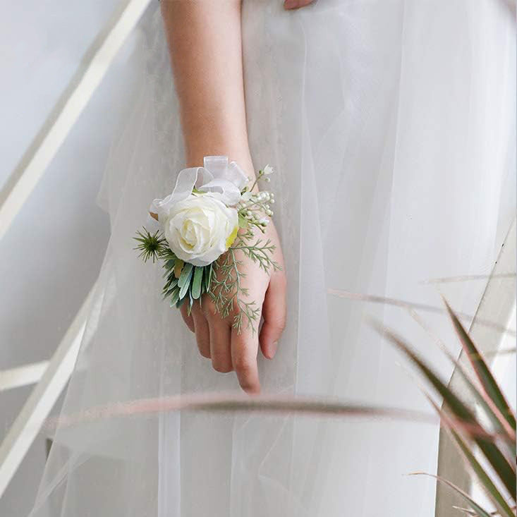 6 Pcs Ivory Artificial Rose Wrist Corsage Bracelets for Women Bridesmaids Wedding