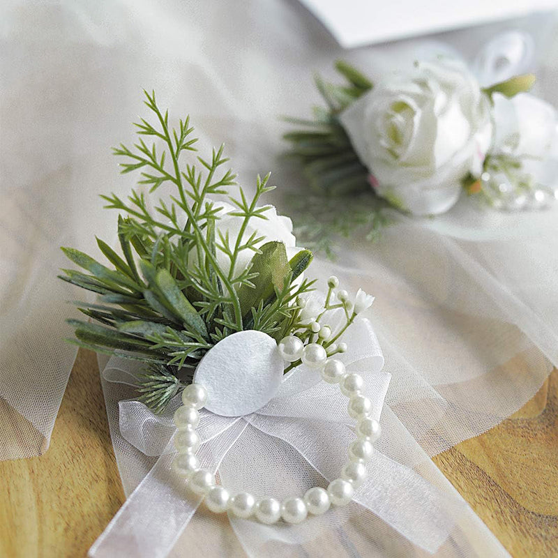 6 Pcs Ivory Artificial Rose Wrist Corsage Bracelets for Women Bridesmaids Wedding