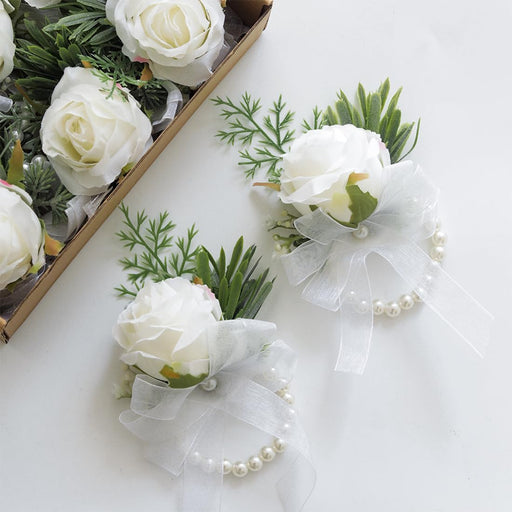 6 Pcs Ivory Artificial Rose Wrist Corsage Bracelets for Women Bridesmaids Wedding