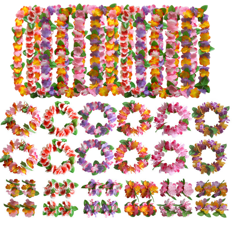 4 Pcs Hawaiian Artificial Flower Leis Necklaces Headbands Wristbands for Beach Party