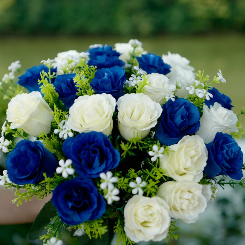 22 Colors Artificial Rose Bush Bouquets for Graves and Memorials, Bulk Wholesale Cemetery Flowers in Vase