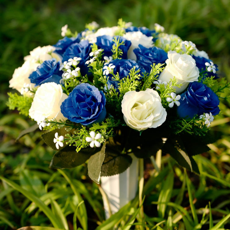 22 Colors Artificial Rose Bush Bouquets for Graves and Memorials, Bulk Wholesale Cemetery Flowers in Vase