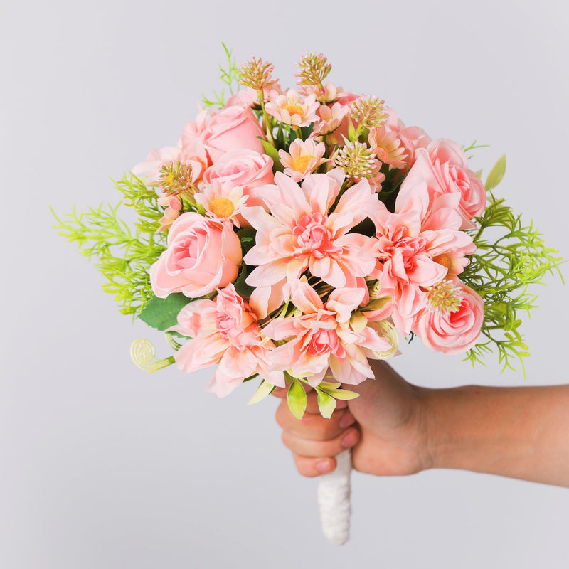 9 Inch Soft Pink Rose Dahlia Daisy Bridal Bouquet 1 Pc Artificial Flowers