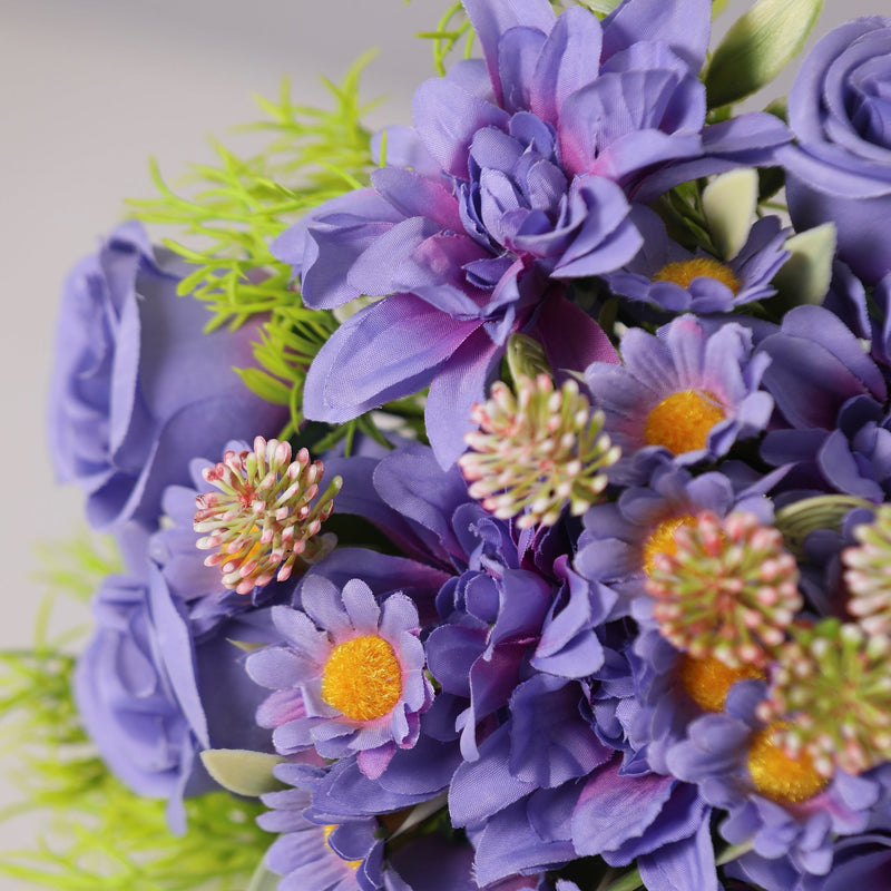 9 Inch Artificial Bridal Bouquet 3 Stems Purple Rose Dahlia Daisy Silk Flowers