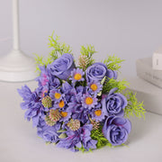 9 Inch Artificial Bridal Bouquet 3 Stems Purple Rose Dahlia Daisy Silk Flowers
