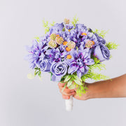9 Inch Artificial Bridal Bouquet 3 Stems Purple Rose Dahlia Daisy Silk Flowers