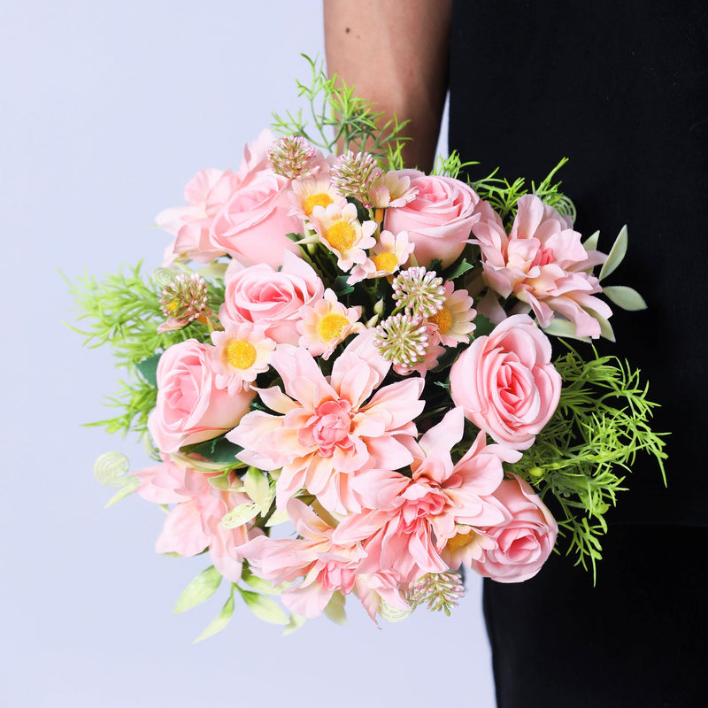 9 Inch Soft Pink Rose Dahlia Daisy Bridal Bouquet 1 Pc Artificial Flowers