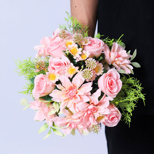 9 Inch Soft Pink Rose Dahlia Daisy Bridal Bouquet 1 Pc Artificial Flowers