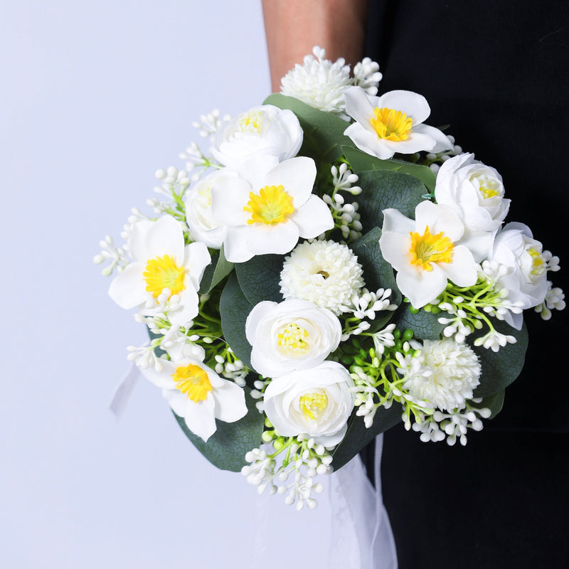 7 Inch Small White Artificial Daffodil and Peony Bridal Bouquet, Bulk 1 Pc