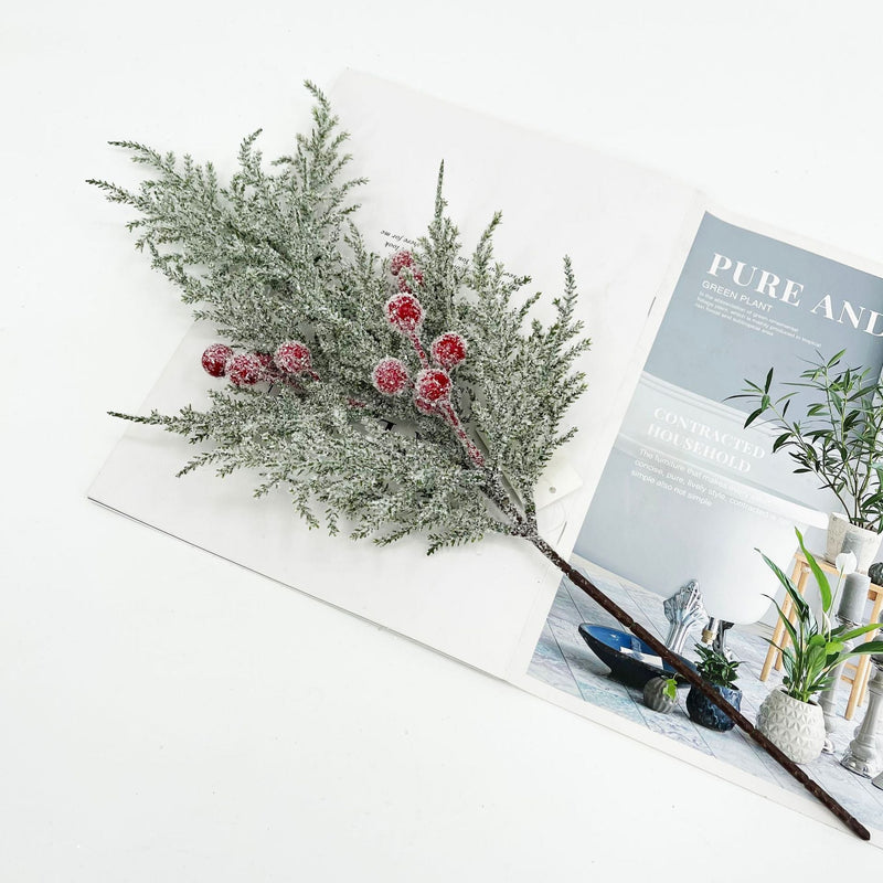 21 Inch Snowy Artificial Cedar Picks with Red Berries, 10 Pcs Silk Holiday Stems