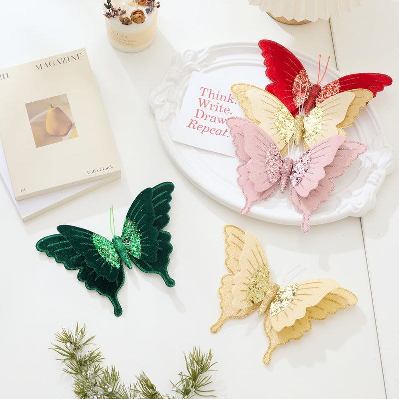 4 Pcs Glitter Velvet Butterfly Ornaments for Christmas Tree, DIY Wreath, Holiday Party Decor