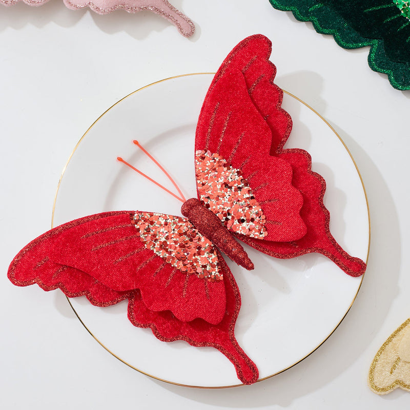 4 Pcs Glitter Velvet Butterfly Ornaments for Christmas Tree, DIY Wreath, Holiday Party Decor