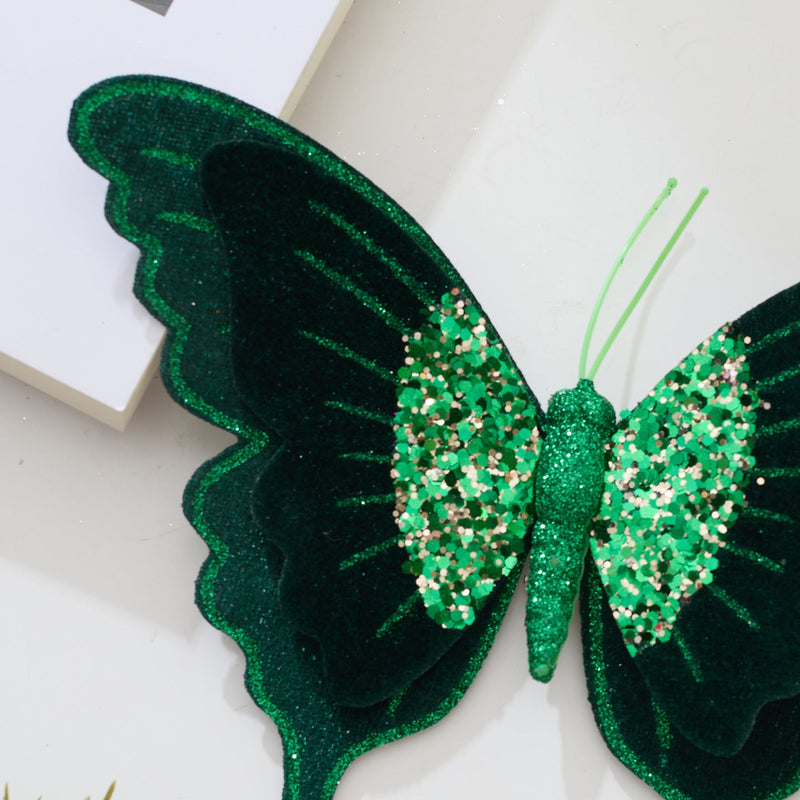 4 Pcs Glitter Velvet Butterfly Ornaments for Christmas Tree, DIY Wreath, Holiday Party Decor