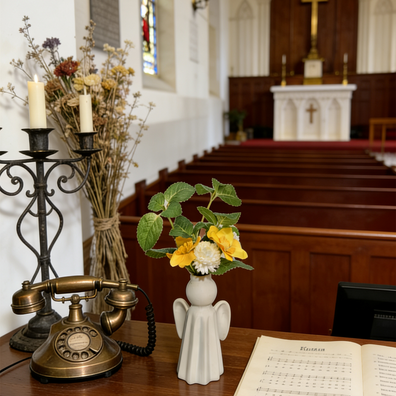 10 Inch Artificial Spring Flowers 10 Pcs in Angel Ceramic Vase Church Floral Decor