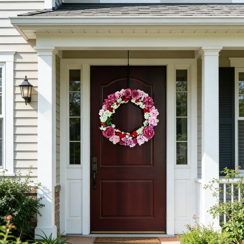 24 Inch Artificial Mixed Flower Wreath with Roses, Impatiens, Chrysanthemums – Foldable Spring Decor