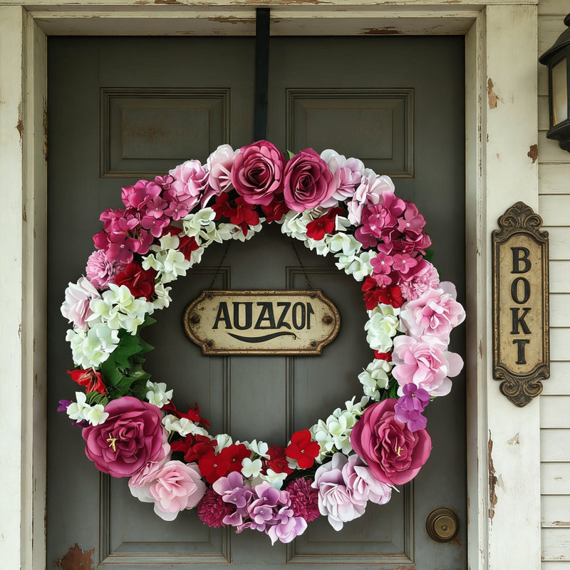 24 Inch Artificial Mixed Flower Wreath with Roses, Impatiens, Chrysanthemums – Foldable Spring Decor
