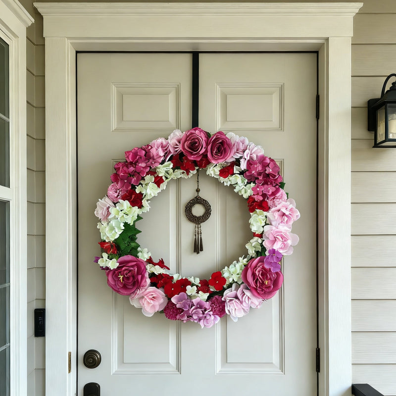 24 Inch Artificial Mixed Flower Wreath with Roses, Impatiens, Chrysanthemums – Foldable Spring Decor