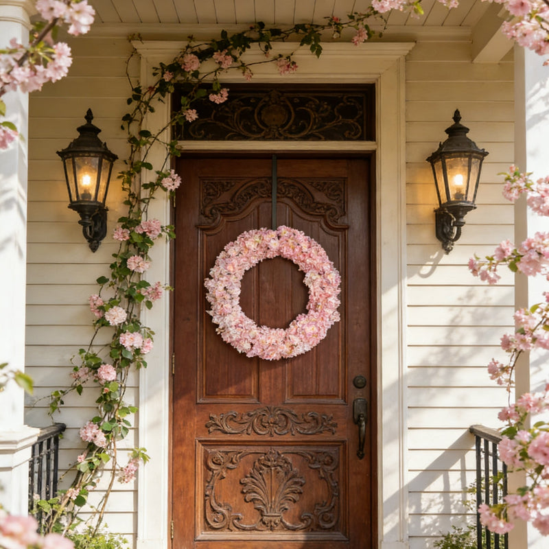 24 Inch Artificial Cherry Blossom Wreath Spring Flower Foldable Front Door Decor
