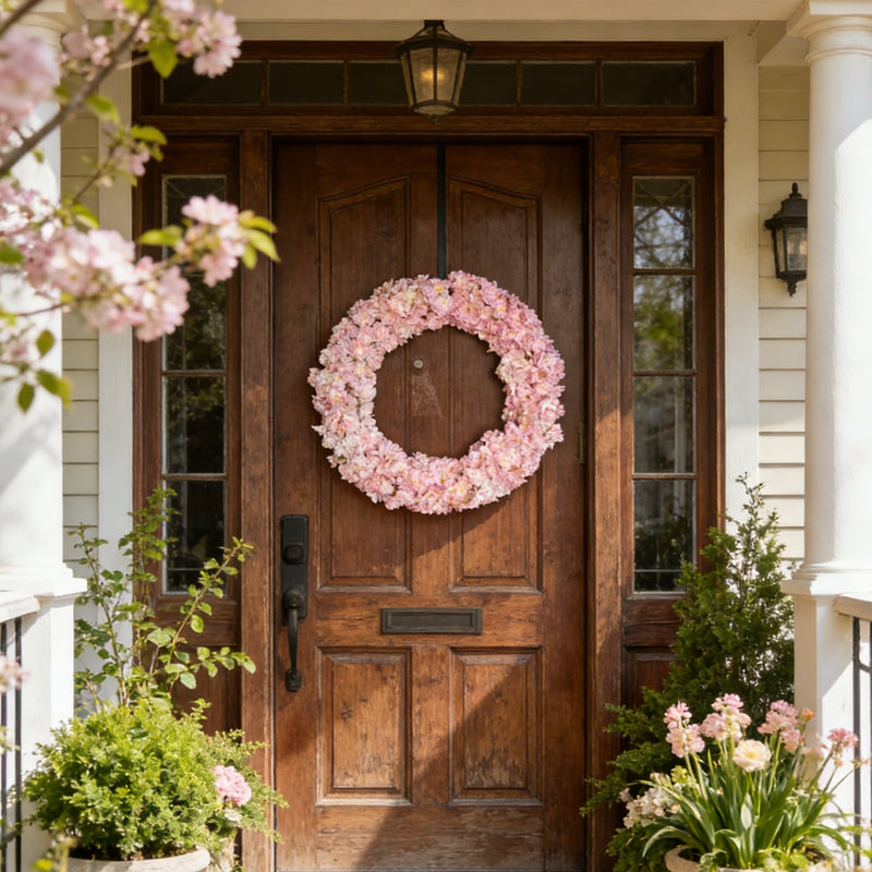 24 Inch Artificial Cherry Blossom Wreath Spring Flower Foldable Front Door Decor