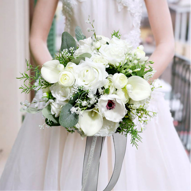 11 Inch Ivory and Green Artificial Bridal Bouquets, 10 Pcs Wedding Flower Arrangements Bulk