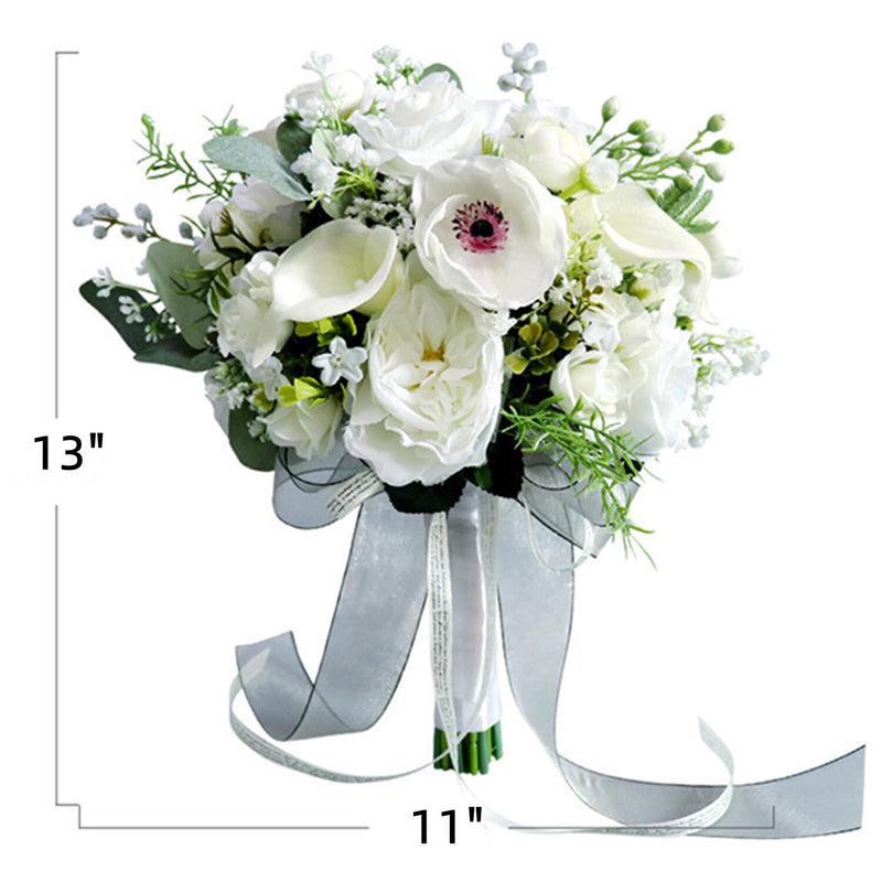 11 Inch Ivory and Green Artificial Bridal Bouquets, 10 Pcs Wedding Flower Arrangements Bulk
