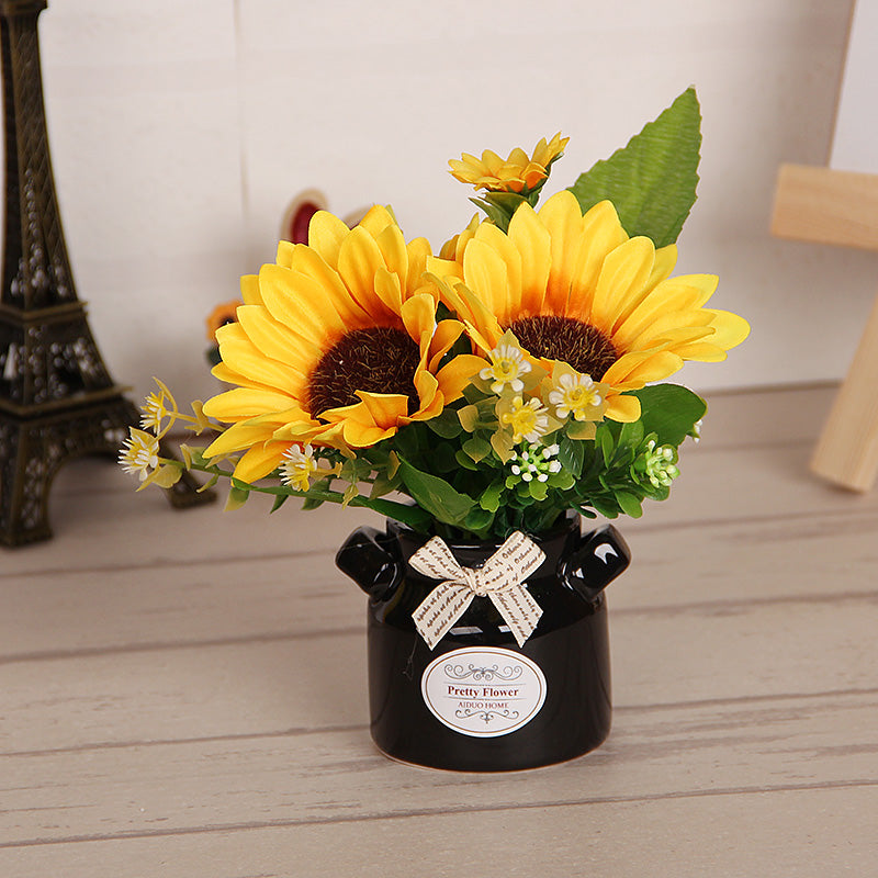 Sunflower Bouquet Artificial Flowers 12 Inch 10 Stems with Ceramic Vase Desktop Decor
