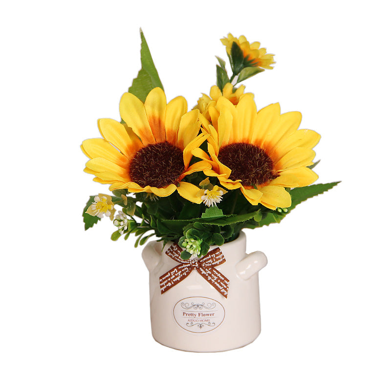 Sunflower Bouquet Artificial Flowers 12 Inch 10 Stems with Ceramic Vase Desktop Decor