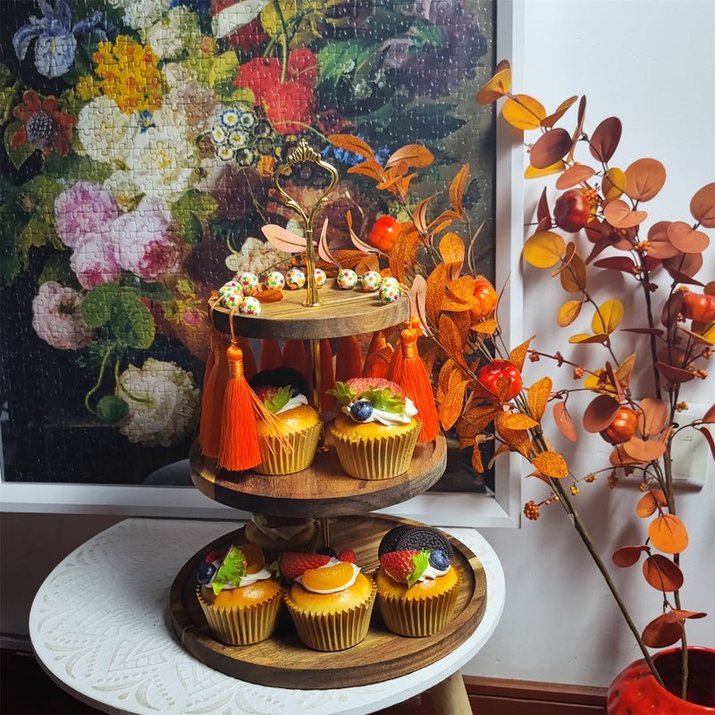 Artificial Maple Leaves Fall Wooden Tiered Tray Decor, Thanksgiving Harvest Theme, Rustic Autumn Home Accent