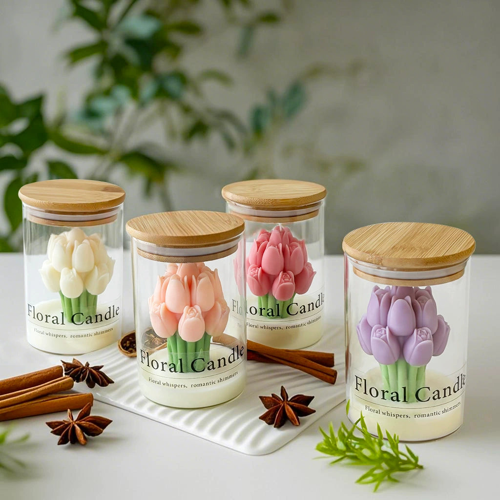 Tulip Flower Jar Candle - Scented Ambience Candle (Multiple Scents) | Valentine’s & Holiday Gift