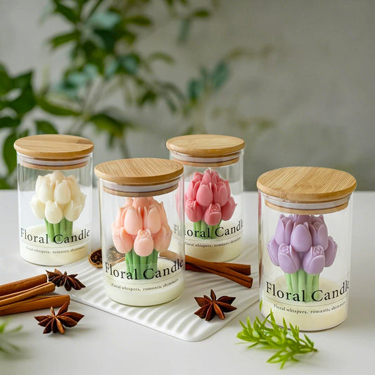 Tulip Flower Jar Candle - Scented Ambience Candle (Multiple Scents) | Valentine’s & Holiday Gift