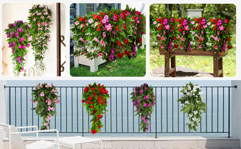 UV-Resistant Artificial Hanging Impatiens Flowers, 12 Inch, Outdoor Garden Patio Yard Decor, Bulk 10 Pcs
