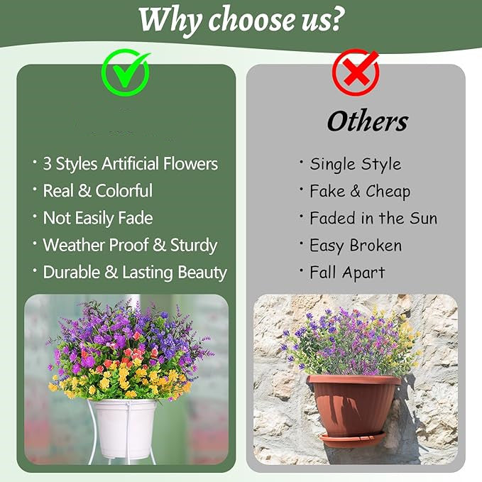 8 Bundles Artificial Flowers Plants UV Resistant Outdoor Durable Bulk Set