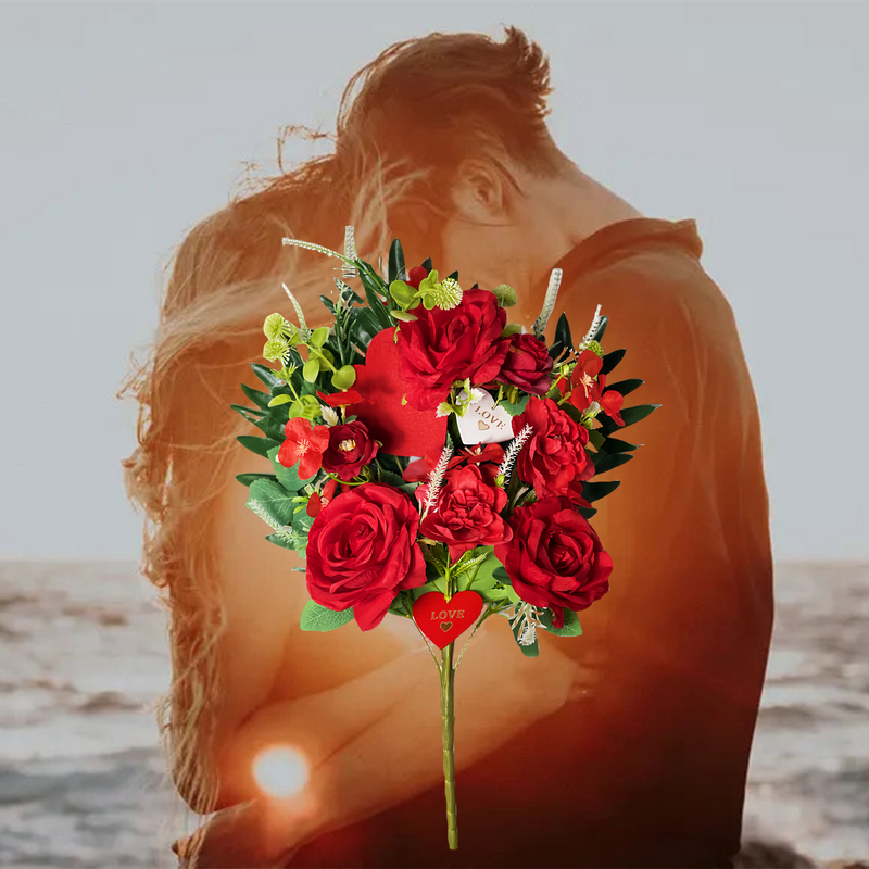 Artificial Silk Rose Bush Bouquet 12 Inch 6 Stems Red Bulk Valentine's Day Centerpiece Flowers