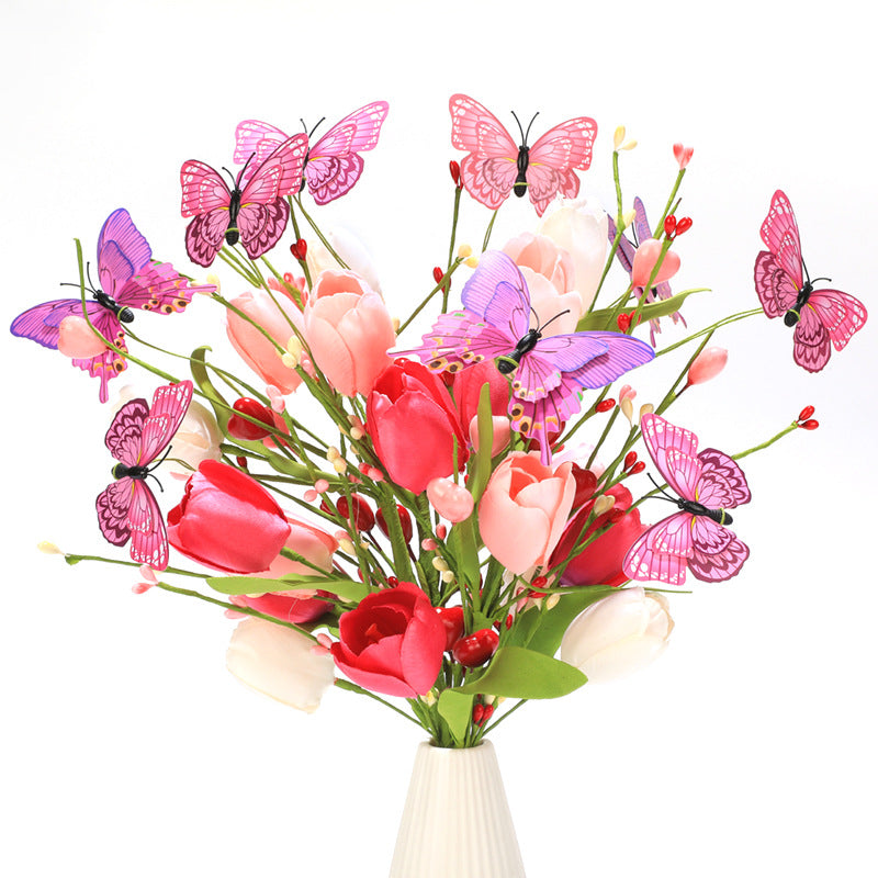 3 Pcs 17 Inch Artificial Tulip and Rose Flower Stems Bouquet with Butterfly Decoration