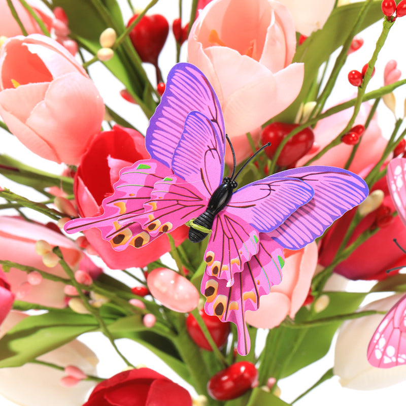 3 Pcs 17 Inch Artificial Tulip and Rose Flower Stems Bouquet with Butterfly Decoration