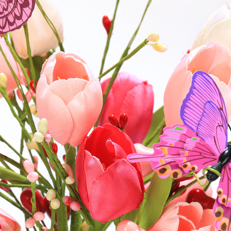 3 Pcs 17 Inch Artificial Tulip and Rose Flower Stems Bouquet with Butterfly Decoration