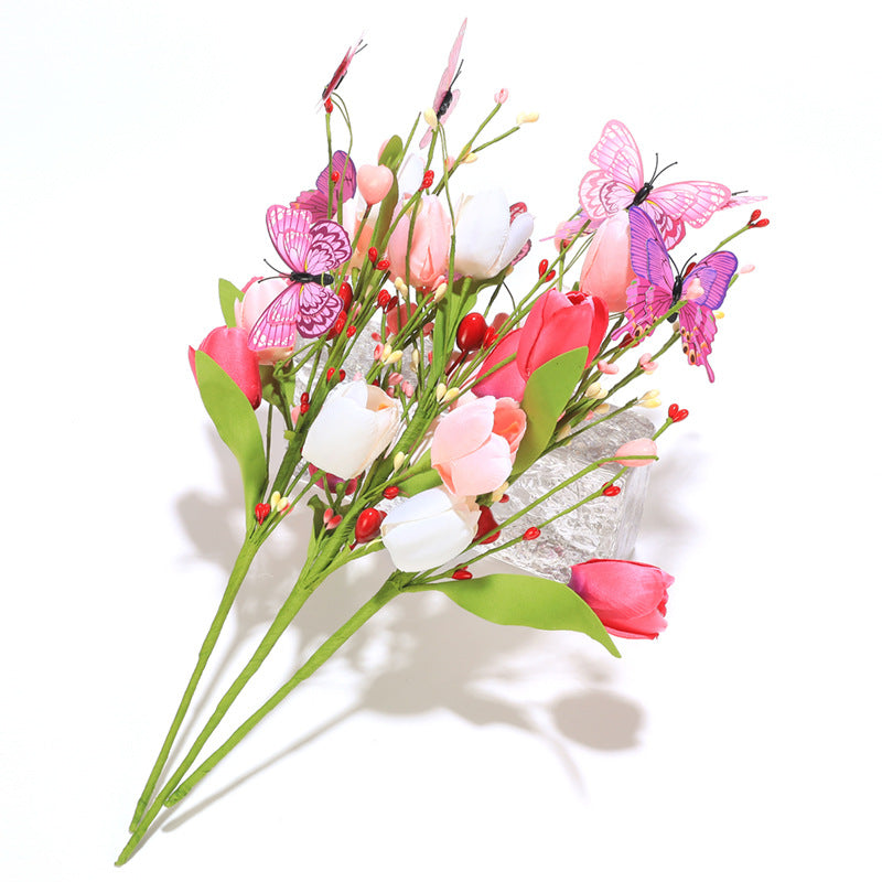 3 Pcs 17 Inch Artificial Tulip and Rose Flower Stems Bouquet with Butterfly Decoration