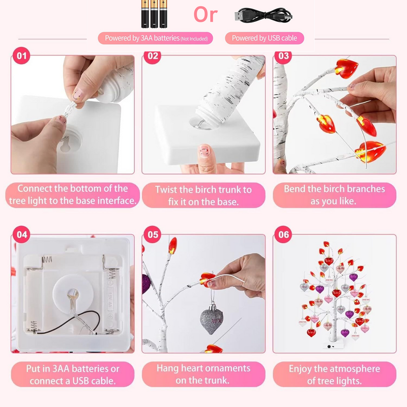 23.2 Inch Lighted Birch Tree with 30 Heart Ornaments Valentine's Day Decor Bulk Wholesale