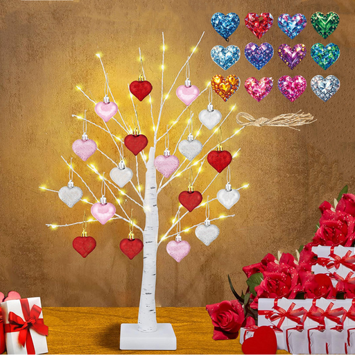 23.2 Inch Lighted Birch Tree with 30 Heart Ornaments Valentine's Day Decor Bulk Wholesale