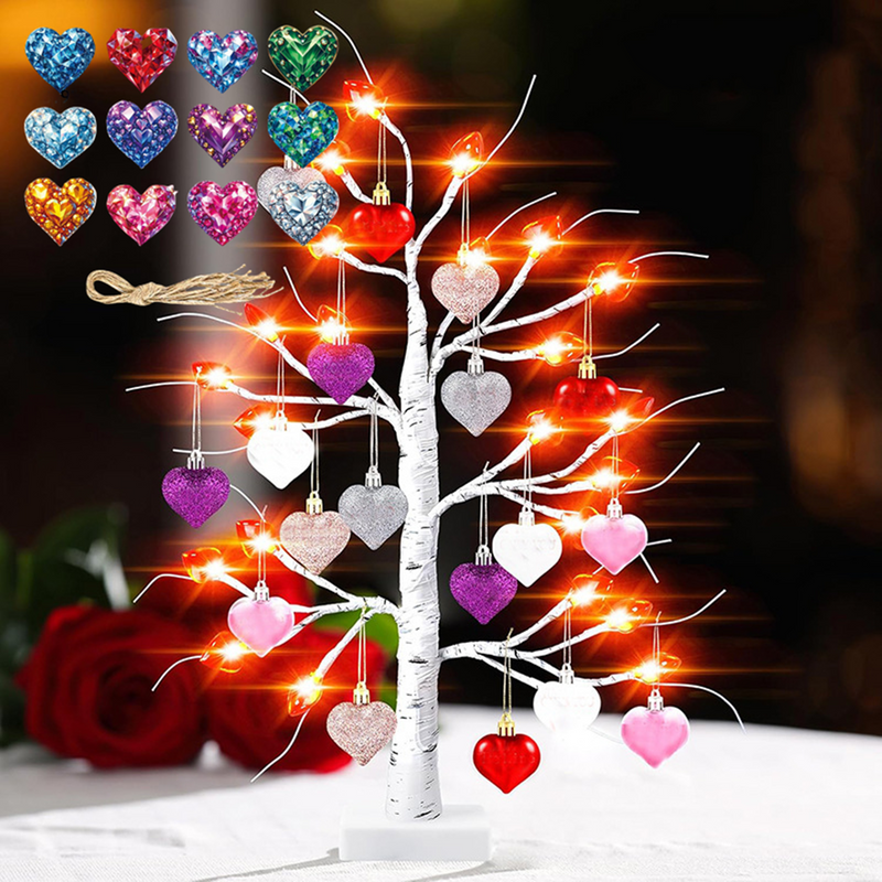 23.2 Inch Lighted Birch Tree with 30 Heart Ornaments Valentine's Day Decor Bulk Wholesale