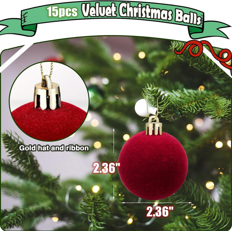 15 Pcs 2.3 Inch Velvet Christmas Ball Ornaments Soft Plush Holiday Tree Decor