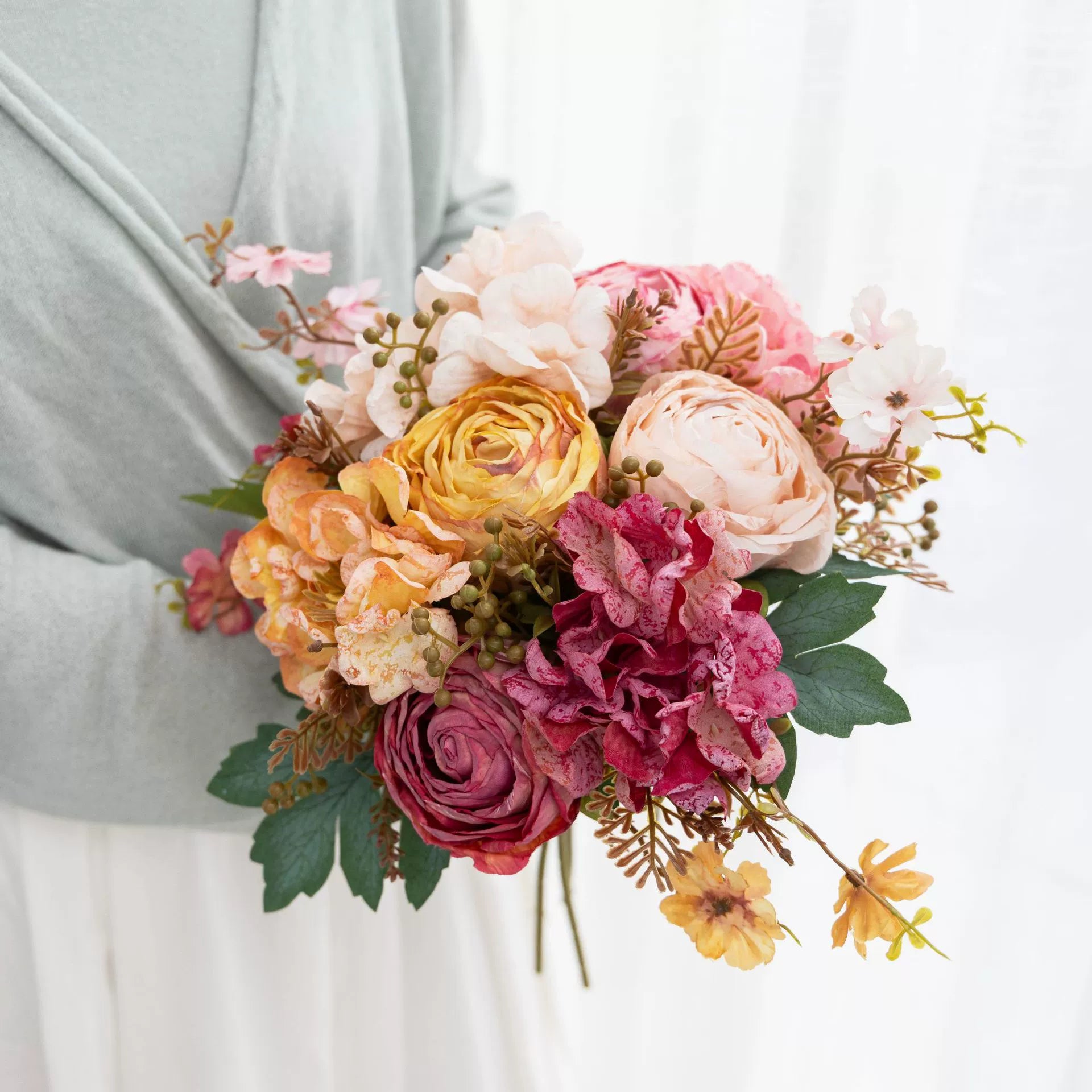 Vintage Faux Flower Bouquet with Rose & Hydrangea - 13" Artificial Floral Arrangement for Wedding, Home & Living Room Decor