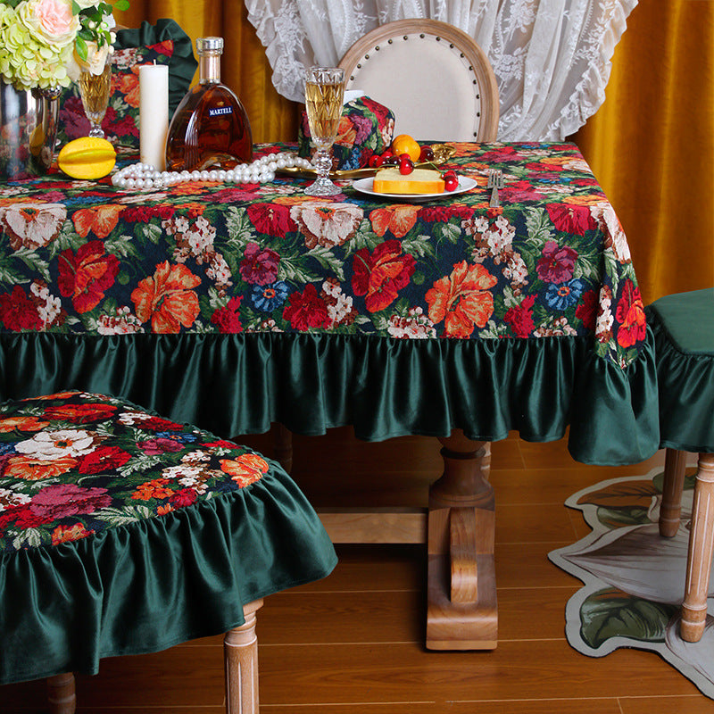 Vintage Floral Ruffled Tablecloth - Retro Elegant Table Cover for Dining Room, Coffee Table & More