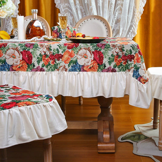 Vintage Floral Ruffled Tablecloth - Retro Elegant Table Cover for Dining Room, Coffee Table & More