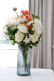 19 Inch Bulk Faux White and Orange Artificial Flower Bouquet - 10 Stems Silk