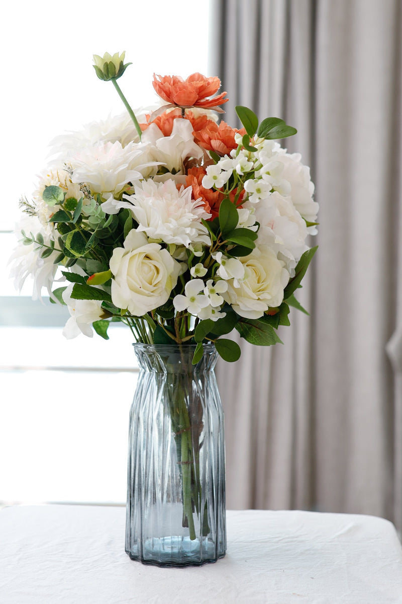 19 Inch Bulk Faux White and Orange Artificial Flower Bouquet - 10 Stems Silk