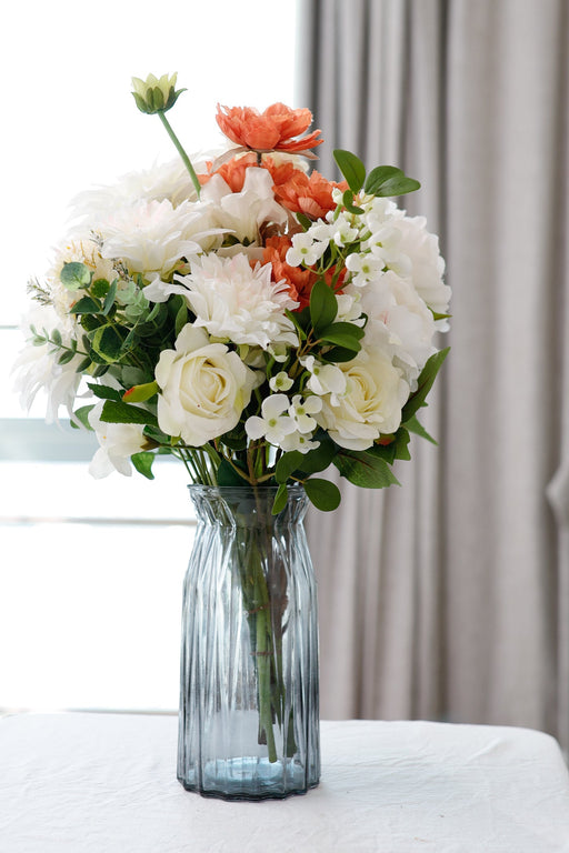 19 Inch Bulk Faux White and Orange Artificial Flower Bouquet - 10 Stems Silk